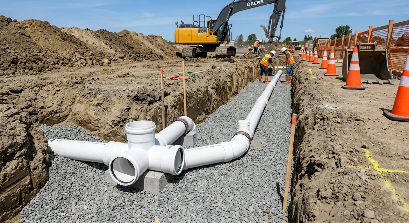 New PVC sewer pipe installation in open trench for Sewer Backup in Wytheville