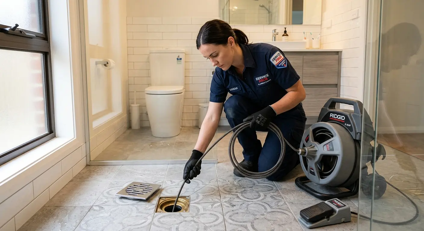 Technician clearing a bathroom floor drain for Drain Cleaning in Wytheville
